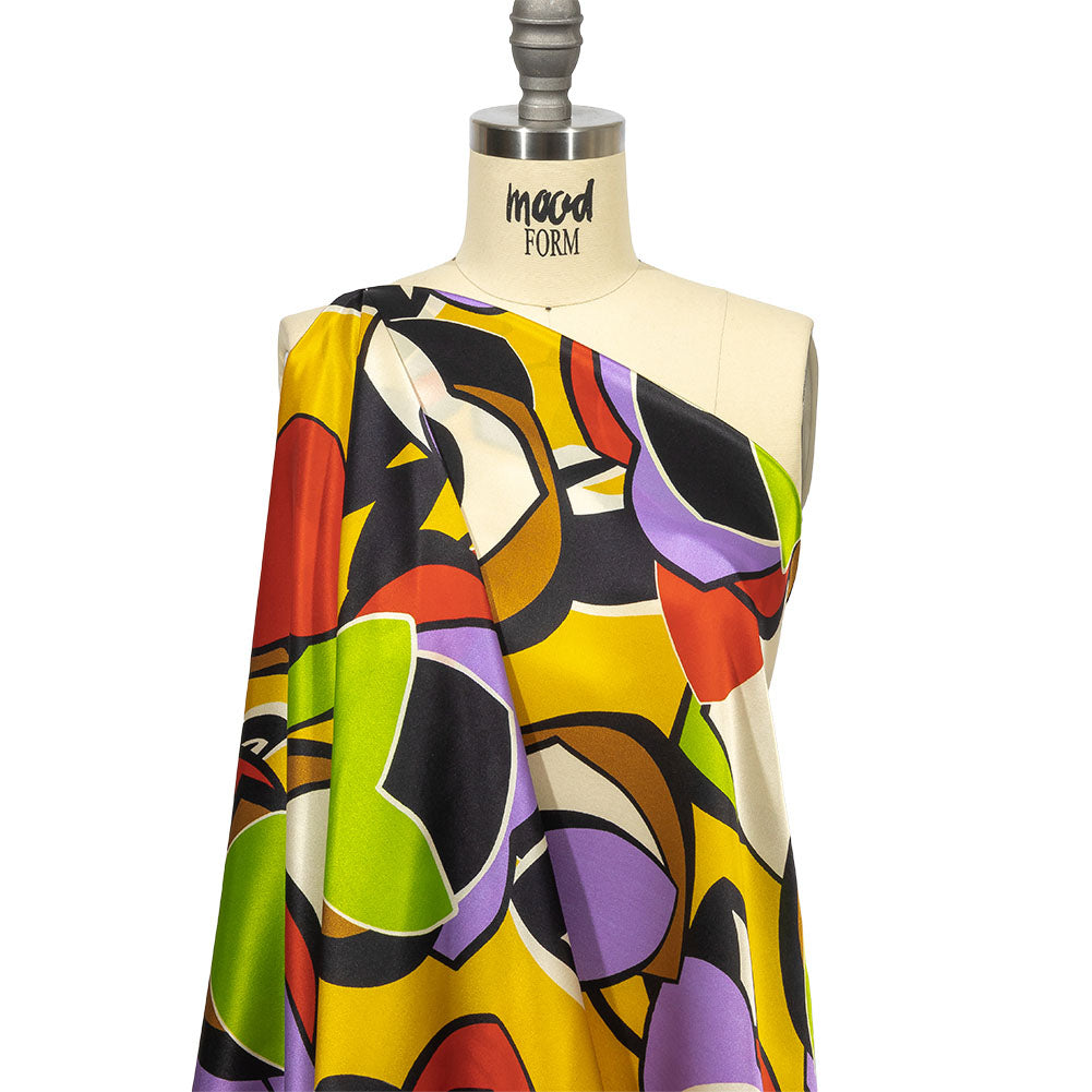 Italian Lime, Goldenrod and Red Geometric Floral Silk Charmeuse