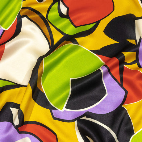 Italian Lime, Goldenrod and Red Geometric Floral Silk Charmeuse