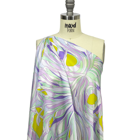 Italian Lavender, Seafoam and Yellow Feathered Flowers Silk Charmeuse