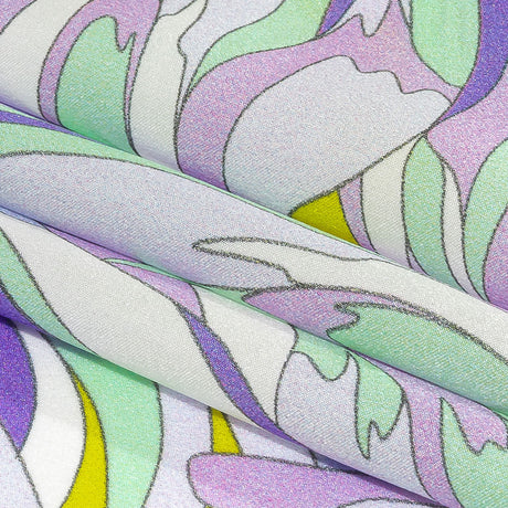 Italian Lavender, Seafoam and Yellow Feathered Flowers Silk Charmeuse