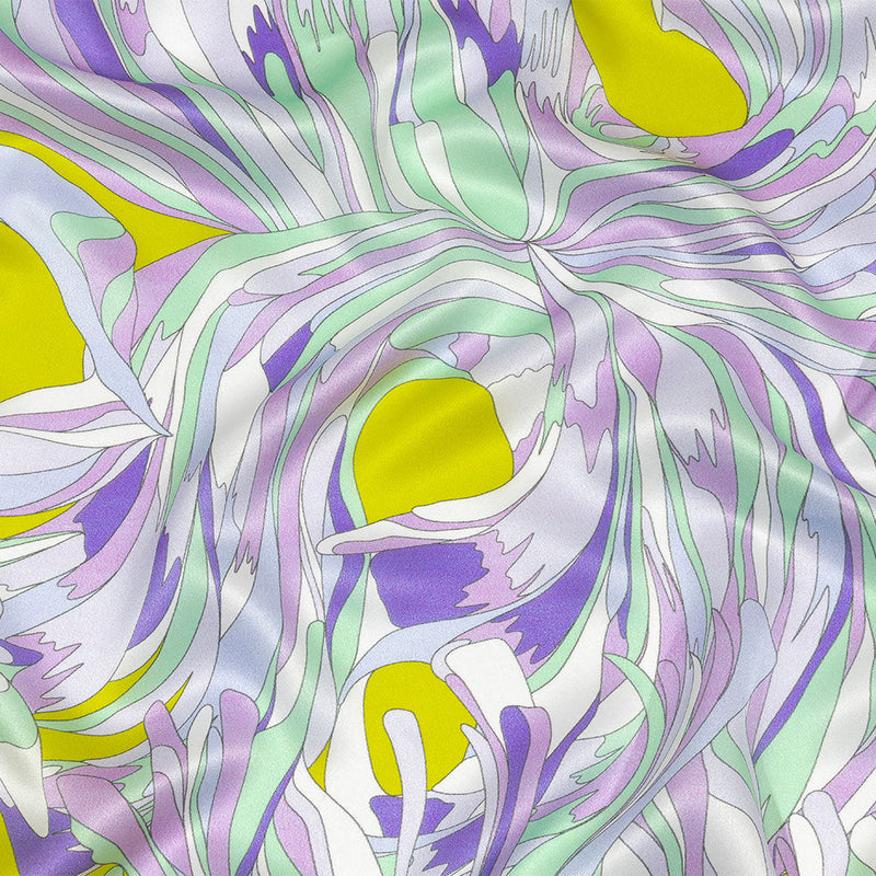 Italian Lavender, Seafoam and Yellow Feathered Flowers Silk Charmeuse