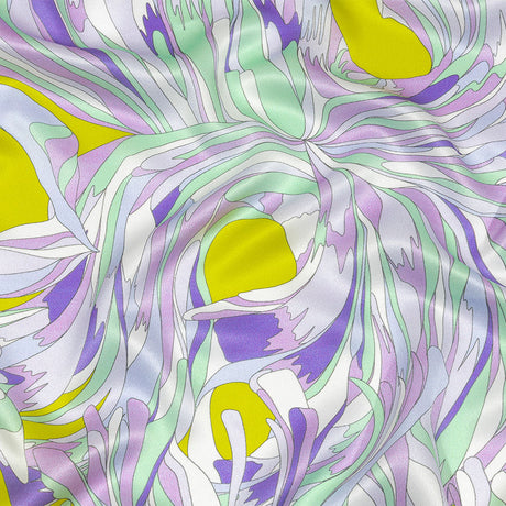 Italian Lavender, Seafoam and Yellow Feathered Flowers Silk Charmeuse