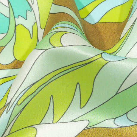 Italian Seafoam, Sky and Brown Feathered Flowers Silk Charmeuse