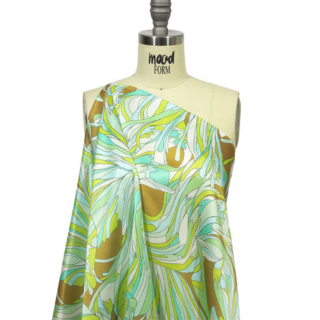Italian Seafoam, Sky and Brown Feathered Flowers Silk Charmeuse