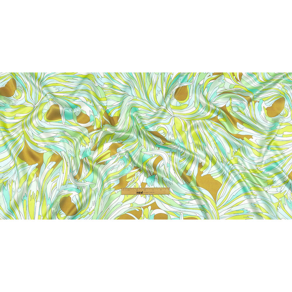 Italian Seafoam, Sky and Brown Feathered Flowers Silk Charmeuse