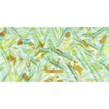 Italian Seafoam, Sky and Brown Feathered Flowers Silk Charmeuse