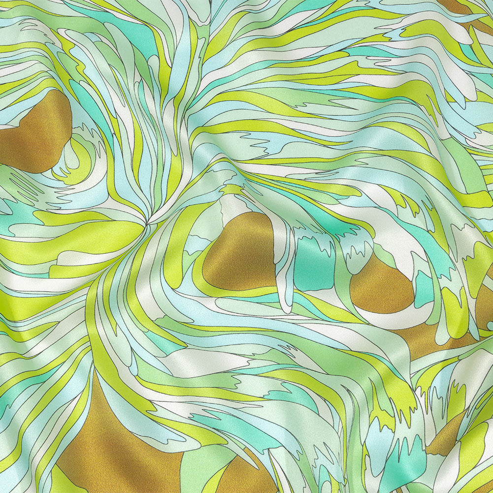 Italian Seafoam, Sky and Brown Feathered Flowers Silk Charmeuse
