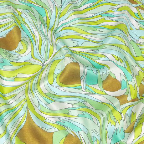 Italian Seafoam, Sky and Brown Feathered Flowers Silk Charmeuse