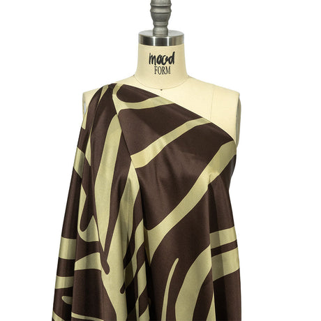 Italian Brown and Beige Oversized Leaves Silk Charmeuse