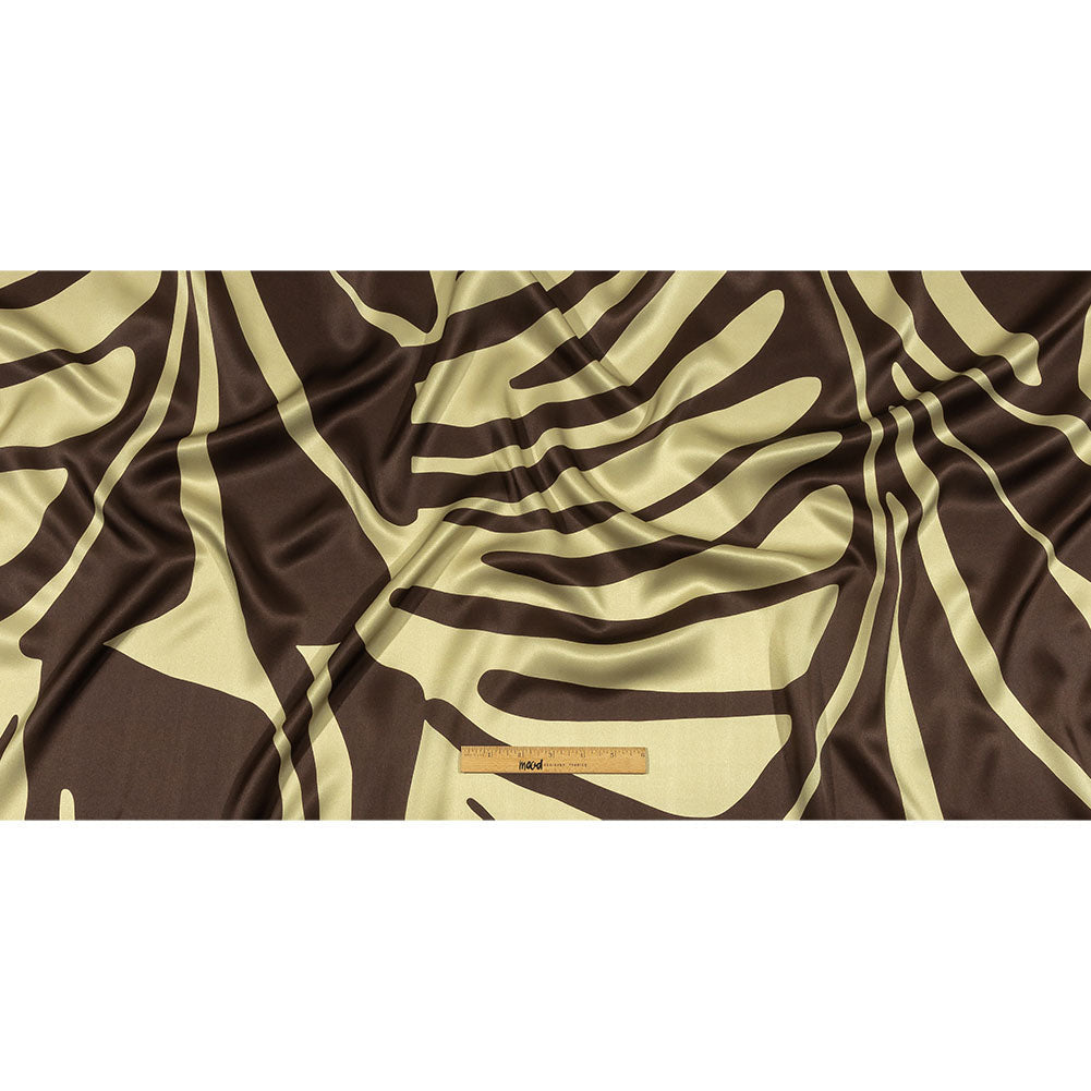 Italian Brown and Beige Oversized Leaves Silk Charmeuse