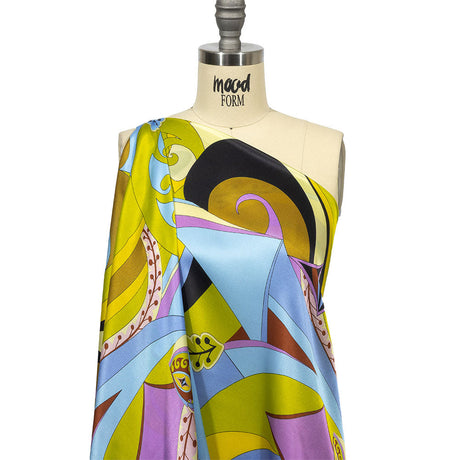 Italian Yellow, Green and Sky Leafy Abstract Silk Charmeuse