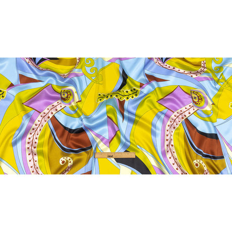 Italian Yellow, Green and Sky Leafy Abstract Silk Charmeuse