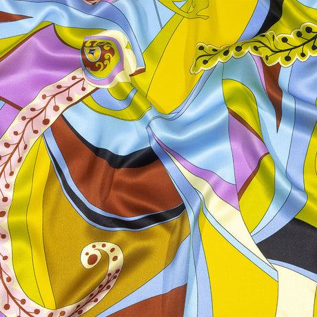 Italian Yellow, Green and Sky Leafy Abstract Silk Charmeuse