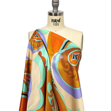 Italian Brown, Orange and Seafoam Leafy Abstract Silk Charmeuse