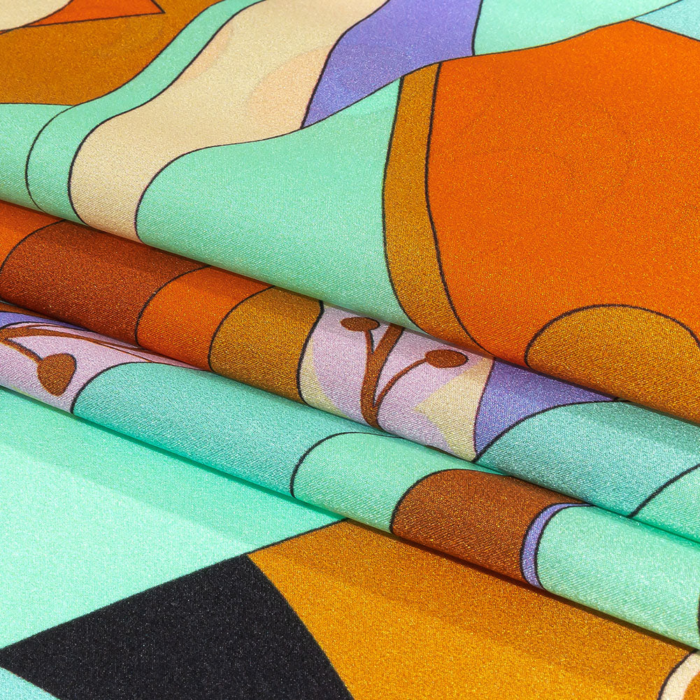 Italian Brown, Orange and Seafoam Leafy Abstract Silk Charmeuse