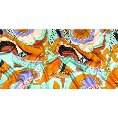 Italian Brown, Orange and Seafoam Leafy Abstract Silk Charmeuse