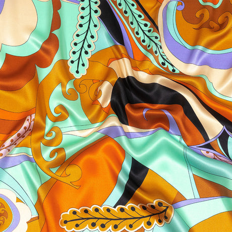Italian Brown, Orange and Seafoam Leafy Abstract Silk Charmeuse