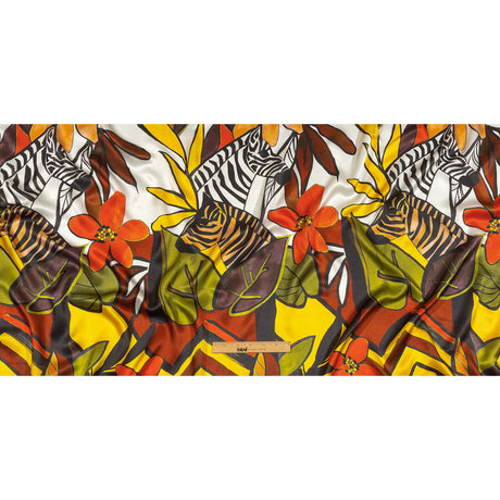 Italian Brown, Yellow and Olive Zebras and Flowers Silk Charmeuse