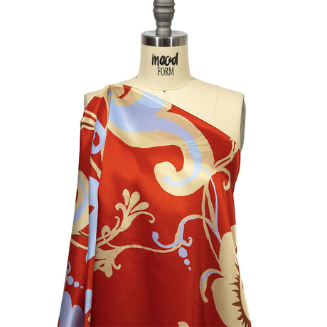 Italian Red, Beige and Sky Ornamental Floral Silk Charmeuse