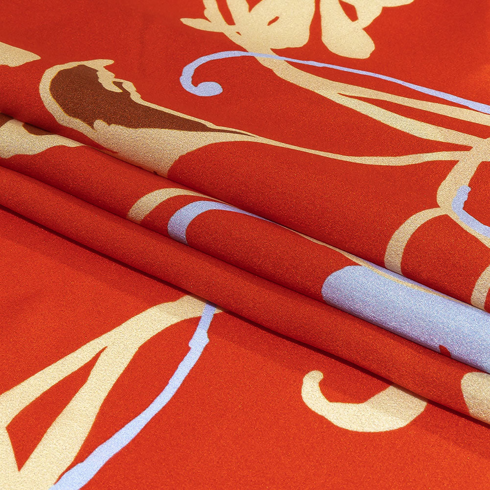 Italian Red, Beige and Sky Ornamental Floral Silk Charmeuse