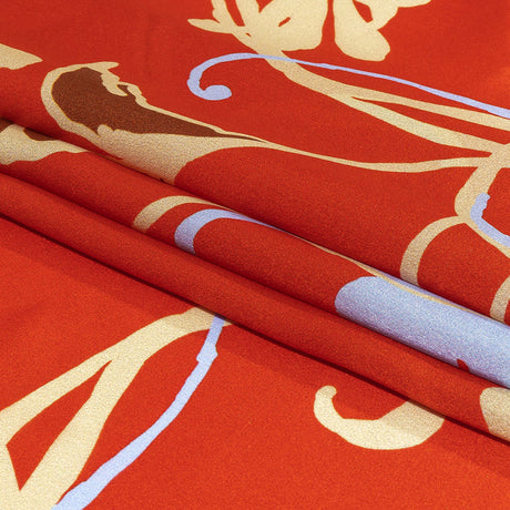Italian Red, Beige and Sky Ornamental Floral Silk Charmeuse