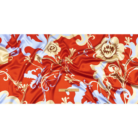 Italian Red, Beige and Sky Ornamental Floral Silk Charmeuse