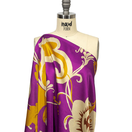 Italian Purple, Gold and Beige Ornamental Floral Silk Charmeuse