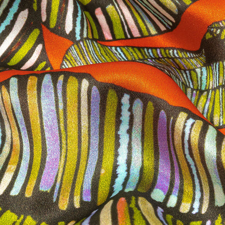 Italian Red, Olive and Purple Intricate Leaves Silk Charmeuse