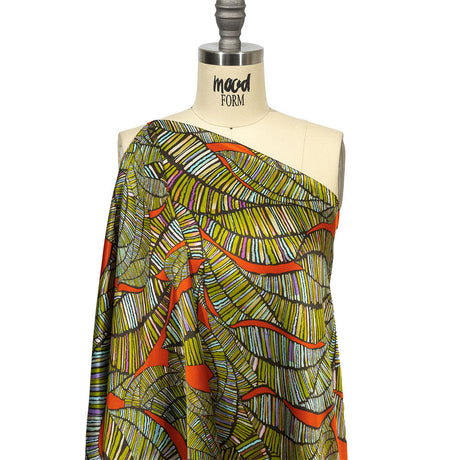 Italian Red, Olive and Purple Intricate Leaves Silk Charmeuse