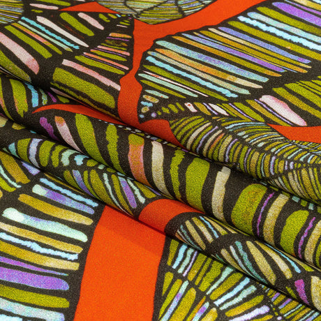 Italian Red, Olive and Purple Intricate Leaves Silk Charmeuse