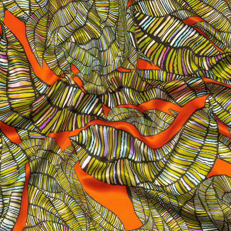 Italian Red, Olive and Purple Intricate Leaves Silk Charmeuse