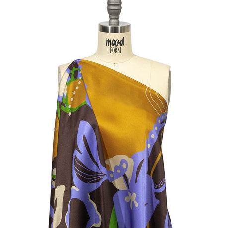 Italian Brown, Blue and Green Abstracted Floral Silk Charmeuse