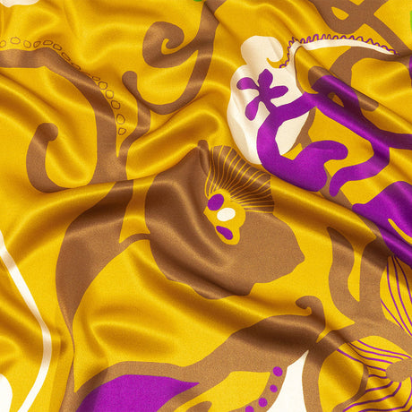 Italian Gold, Green and Purple Abstracted Floral Silk Charmeuse