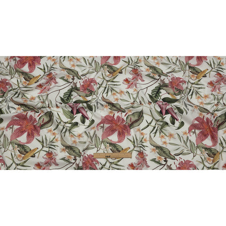 Mercerized Organic Egyptian Cotton Voile - Green, Pink and White Tropical Flowers - Toulouse Collection