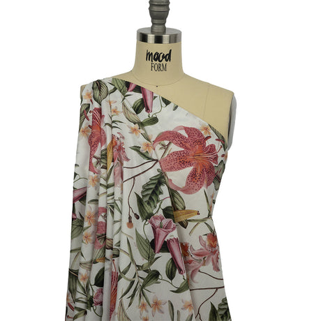 Mercerized Organic Egyptian Cotton Voile - Green, Pink and White Tropical Flowers - Toulouse Collection