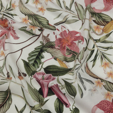 Mercerized Organic Egyptian Cotton Voile - Green, Pink and White Tropical Flowers - Toulouse Collection