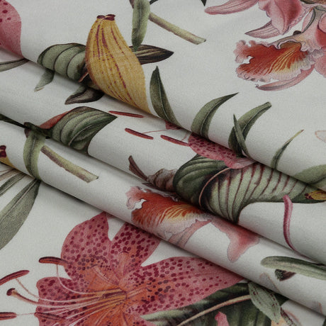 Mercerized Organic Egyptian Cotton Shirting - Green, Pink and White Tropical Flowers - Ravello Collection