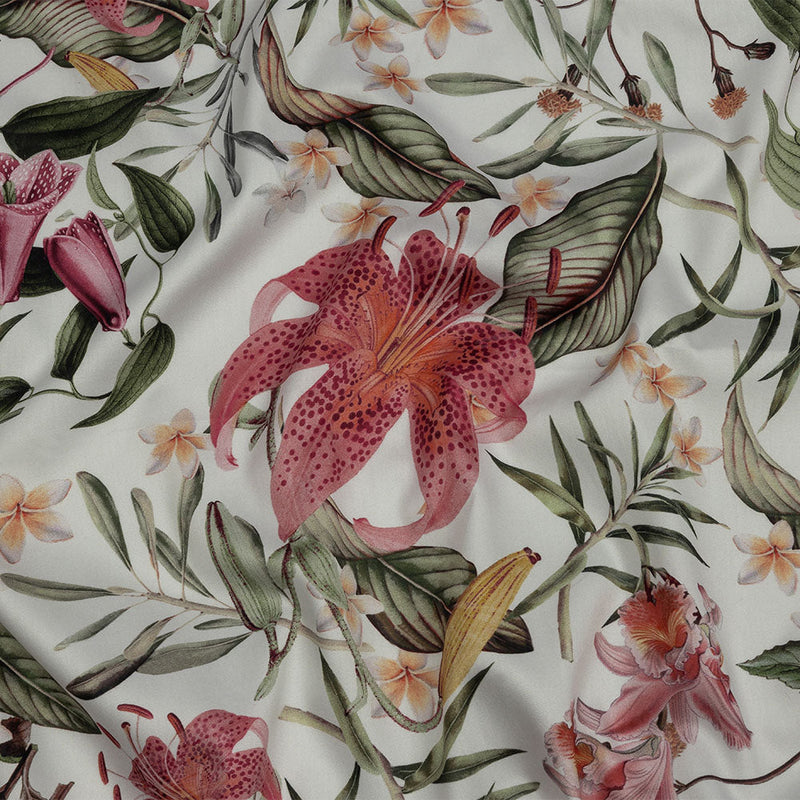 Mercerized Organic Egyptian Cotton Shirting - Green, Pink and White Tropical Flowers - Ravello Collection