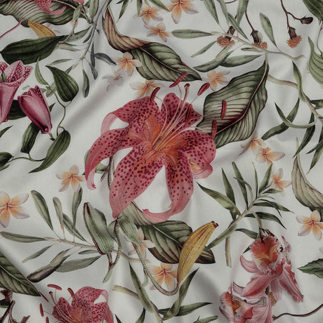 Mercerized Organic Egyptian Cotton Shirting - Green, Pink and White Tropical Flowers - Ravello Collection