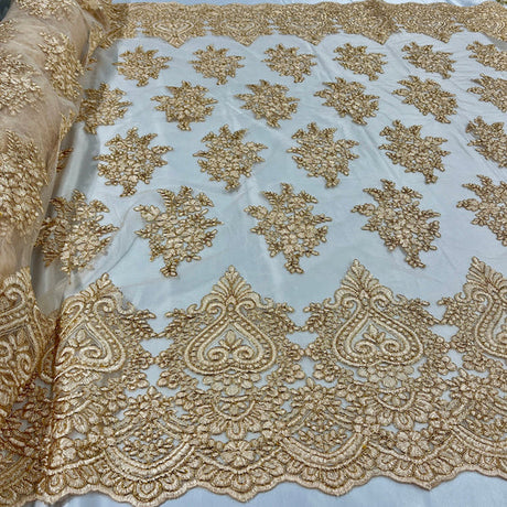 1 Yard Corded Lace Fabric Embroidered on 100% Polyester Net Mesh | Lace USA - GD-021 - Gold - 52" Wide