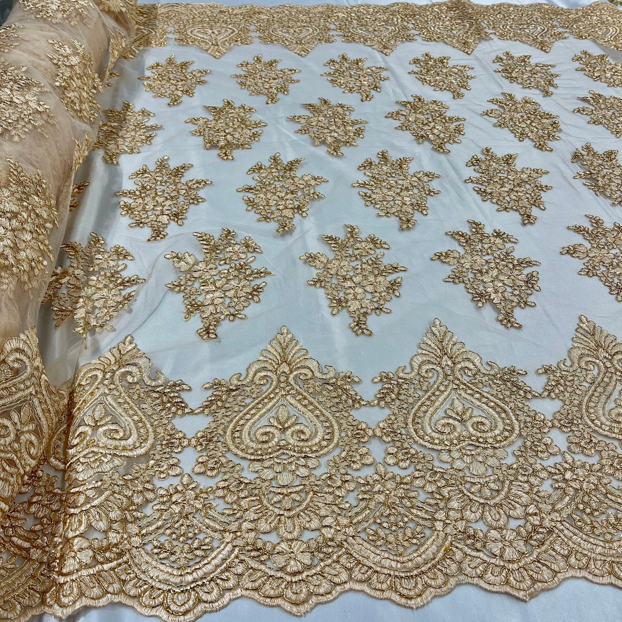 1 Yard Royal Blue Corded Lace Fabric Embroidered on Polyester Net Mesh 52 Inch Width