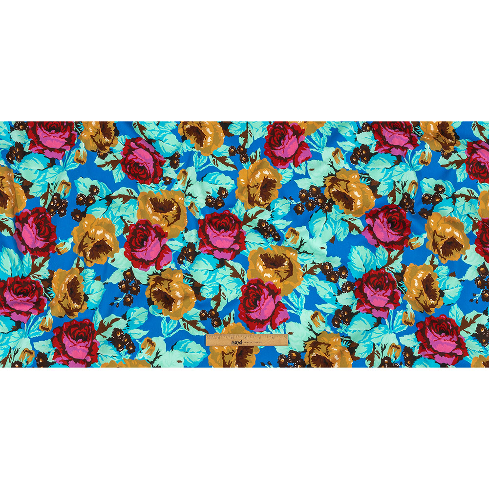 Balenciaga Italian Blue, Mustard and Red Roses Stretch Cotton Twill