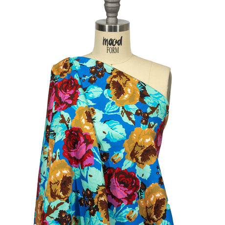 Balenciaga Italian Blue, Mustard and Red Roses Stretch Cotton Twill