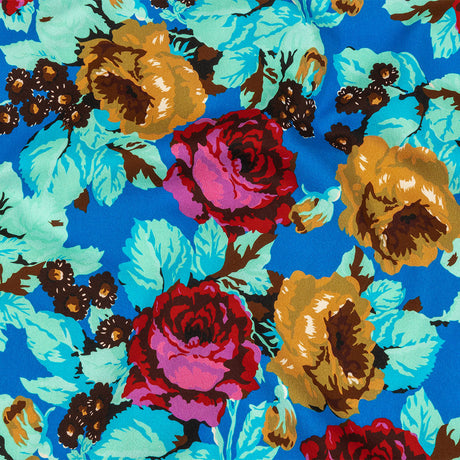 Balenciaga Italian Blue, Mustard and Red Roses Stretch Cotton Twill