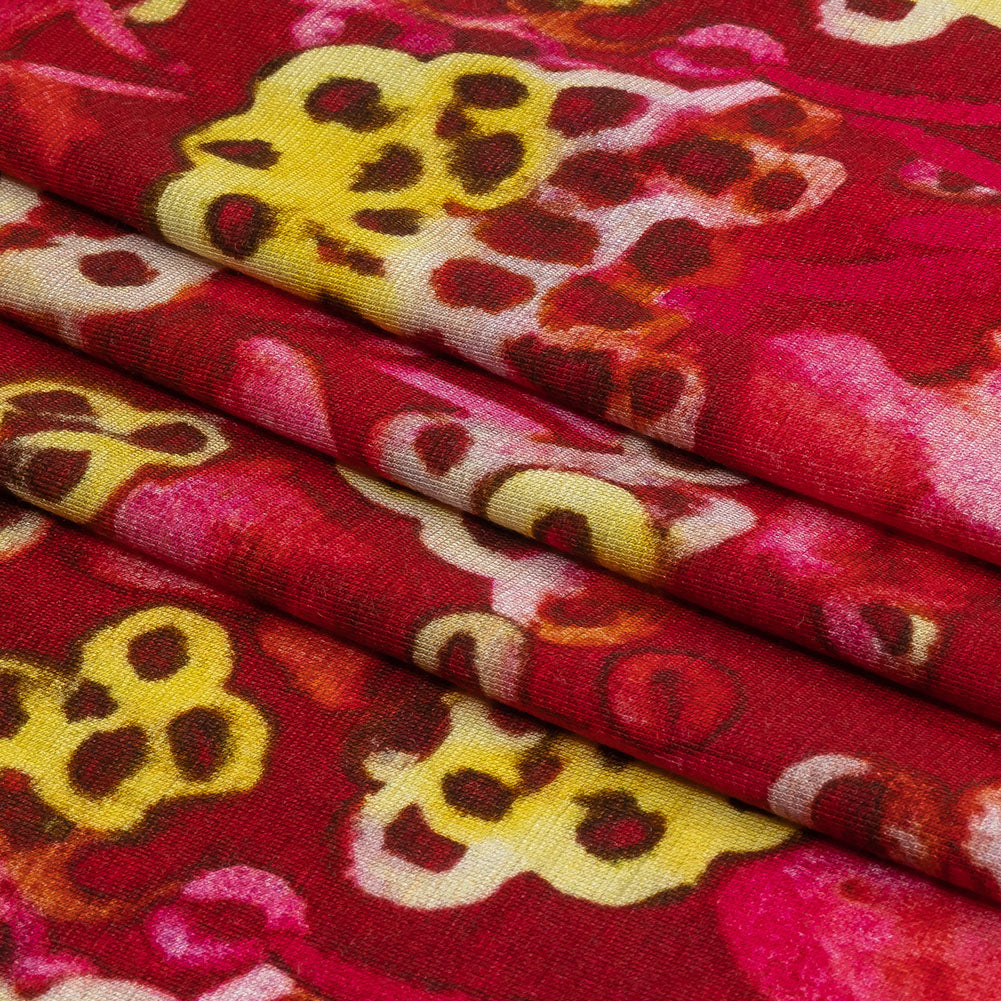 Balenciaga Italian Hot Pink and Yellow Abstracted Watercolor Flowers Stretch Cotton Jersey