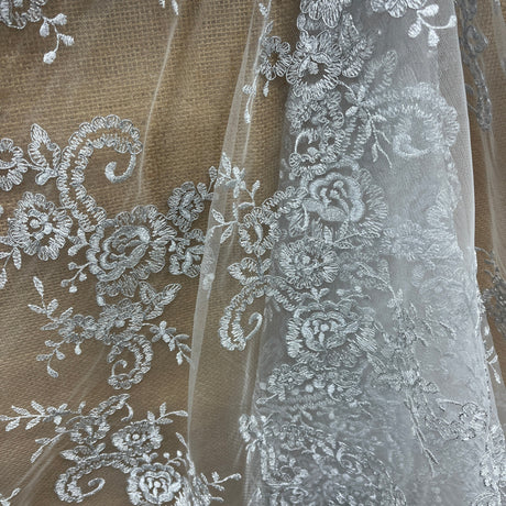 Corded Bridal Lace Fabric - Ivory With Silver Floral Embroidery, 52" Width (1 Yard)