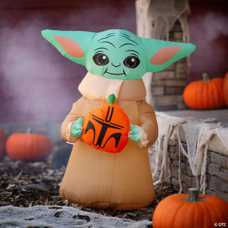 Inflatable Star Wars The Mandalorian Grogu with Pumpkin LED Lights, lights up for a spooky Halloween night display