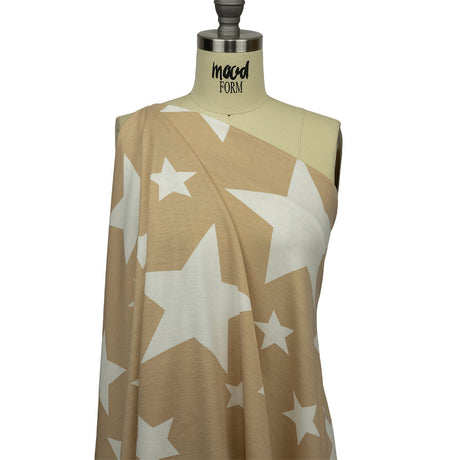 Beige and Star White Stars Stretch Polyester and Rayon French Terry