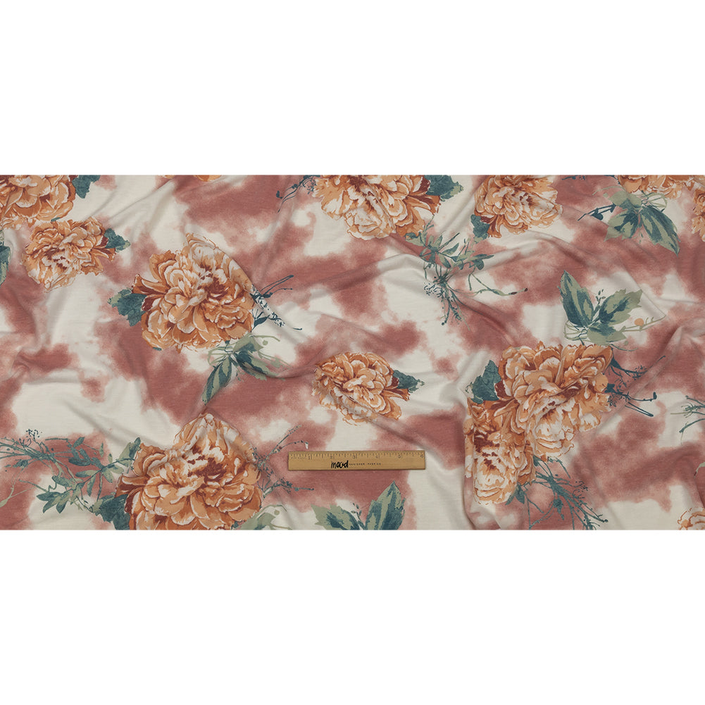 Pink, Orange and Sage Roses and Tie Dye Stretch Polyester and Rayon French Terry
