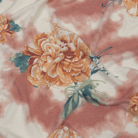 Pink, Orange and Sage Roses and Tie Dye Stretch Polyester and Rayon French Terry